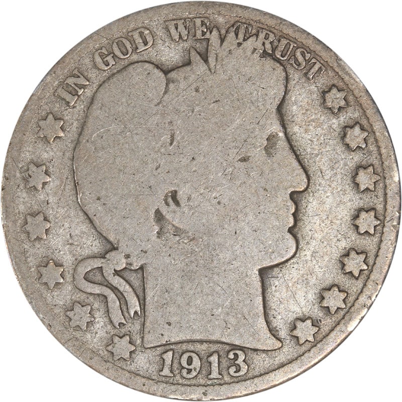 1913 Philadelphia Mint Silver Barber Half Dollar Coin: 1913 Philadelphia Mint Silver Barber Half Dollar Coin This 1913-P Barber Half Dollar is a circulated coin minted in Philadelphia. Composed of silver, this pre-owned piece is a classic example of early