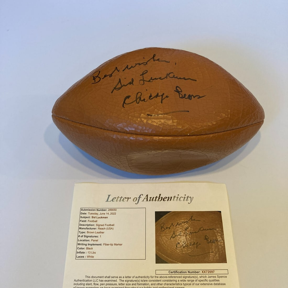 Sid Luckman Signed 1960s Football Chicago Bears JSA COA RARE: Sid Luckman Signed 1960s Football Chicago Bears JSA COA RARE This is a rare Sid Luckman signed football from the 1960s, representing the Chicago Bears. The ball comes with a James Spence Authenticatio