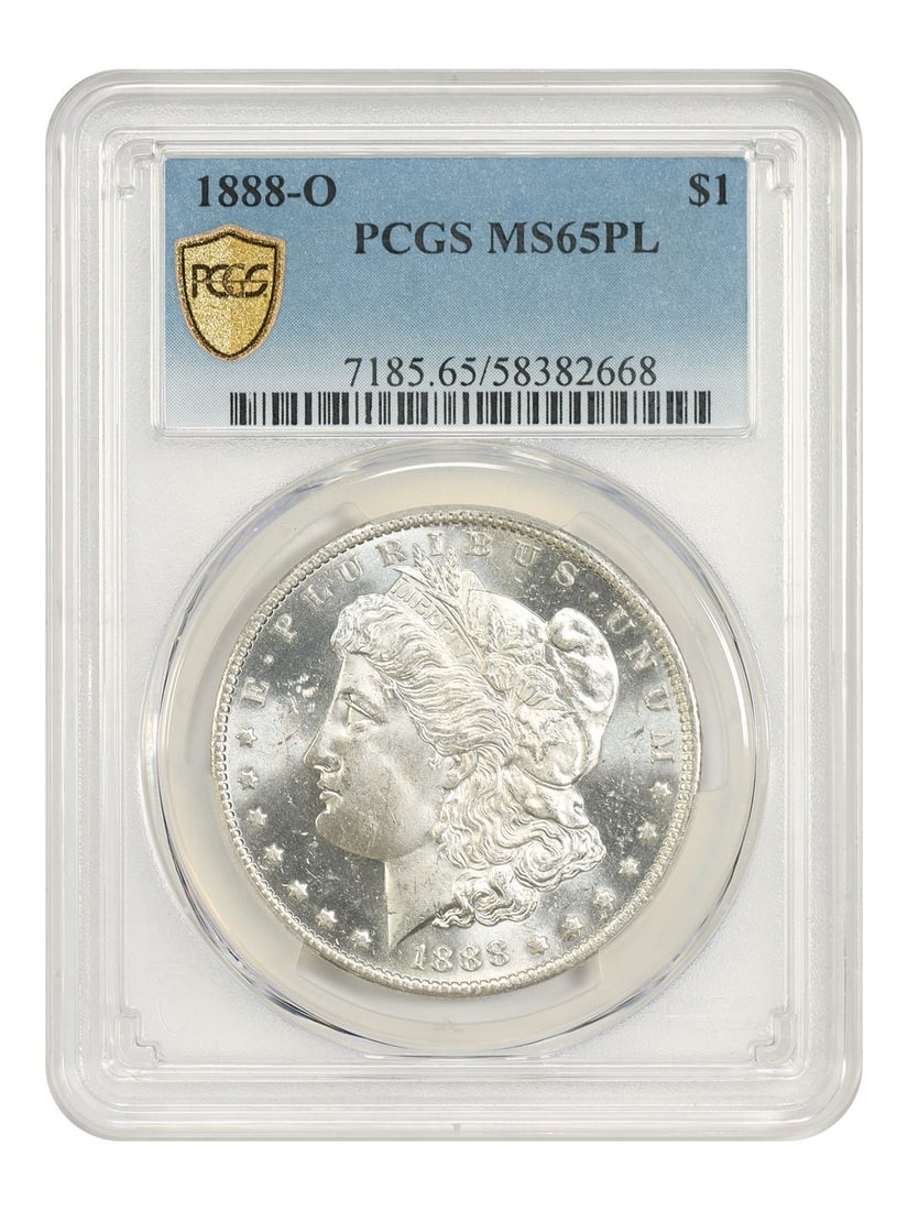 PCGS MS65PL 1888-O Morgan Silver Dollar: PCGS MS65PL 1888-O Morgan Silver Dollar This is an 1888-O Morgan Dollar featuring the New Orleans mint mark. The coin is graded MS65PL by PCGS, indicating a Mint State condition with proof-like qualit