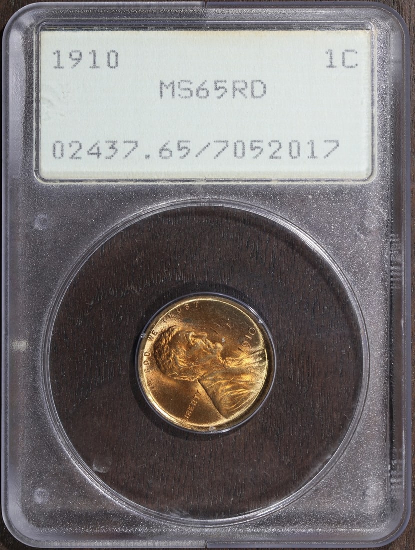 1910 Lincoln Wheat Cent PCGS MS65 RD Rattler OGH: 1910 Lincoln Wheat Cent PCGS MS65 RD Rattler OGH This 1910 Lincoln Wheat Cent is composed of copper and features a rich red color. Graded MS65 RD by PCGS and housed in an OGH Rattler holder, this smal