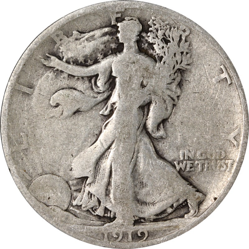 1919 San Francisco Walking Liberty Half Dollar Silver Coin: 1919 San Francisco Walking Liberty Half Dollar Silver Coin This is a 1919-S Walking Liberty Half Dollar coin from the United States, minted in San Francisco. The coin is composed of silver with a 0.9 