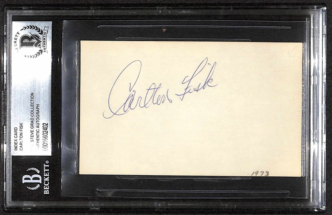 Carlton Fisk Signed 3x5 Index Card Beckett Authenticated: Carlton Fisk Signed 3x5 Index Card Beckett Authenticated This vintage 3x5 index card features the autograph of Carlton Fisk, a renowned Hall of Fame catcher for the Chicago White Sox and Boston Red So