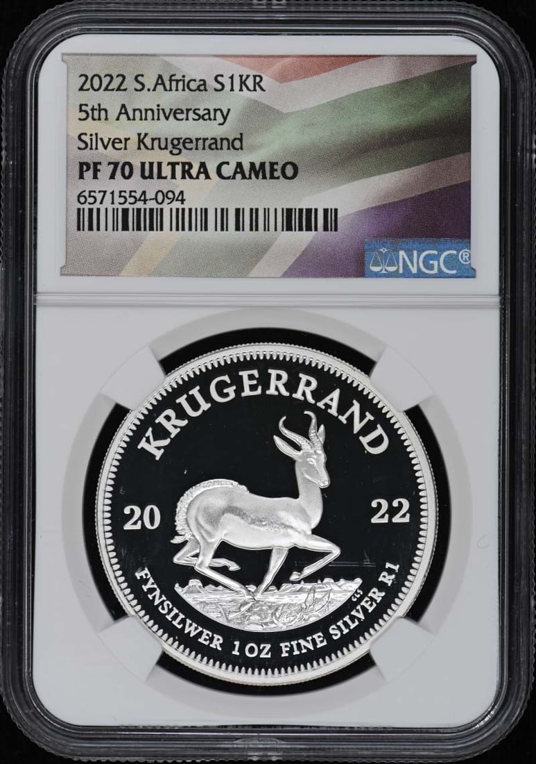 2022 South Africa Silver Krugerrand 5th Anniversary NGC PR70DCAM: 2022 South Africa Silver Krugerrand 5th Anniversary NGC PR70DCAM This 2022 South Africa 5th Anniversary Silver Krugerrand is a proof coin graded PR70DCAM by NGC, indicating a perfect, deep cameo finis