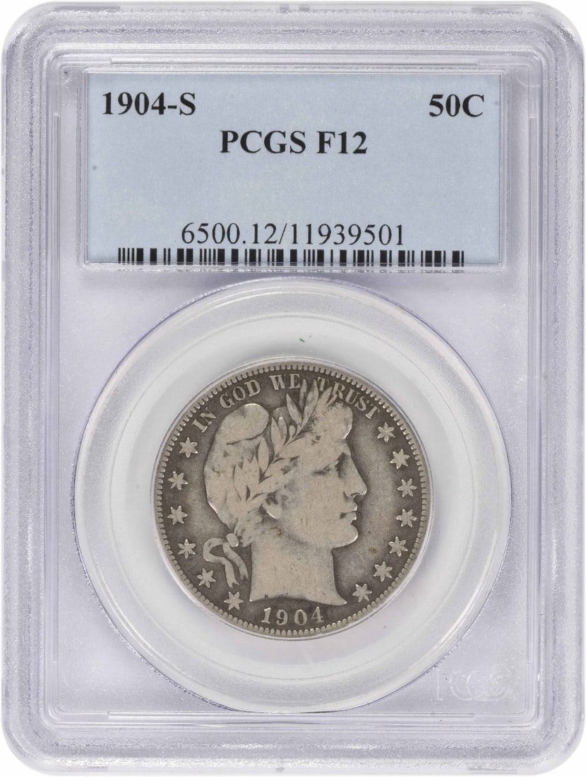 PCGS F12 1904-S Barber Half Dollar Silver: PCGS F12 1904-S Barber Half Dollar Silver This 1904-S Barber Silver Half Dollar is a circulated coin graded F12 by PCGS. It was minted in San Francisco and is composed of silver. The coin is part of t