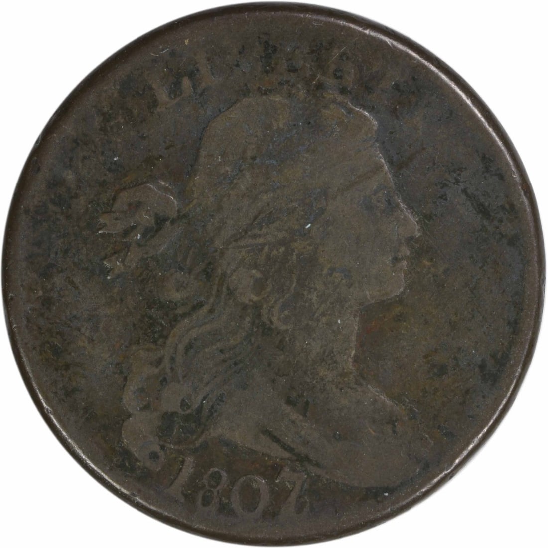 1807 Draped Bust Large Cent Copper Coin VG Grade Uncertified: 1807 Draped Bust Large Cent Copper Coin VG Grade Uncertified This 1807/6 Draped Bust Large Cent is a circulated, pre-owned coin from the United States, minted in Philadelphia. Designed by Robert Scot,