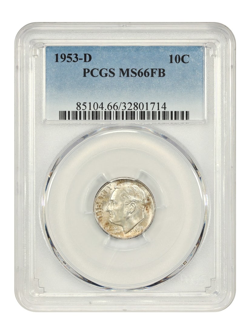 PCGS MS66FB 1953 Denver Roosevelt Dime 10C Uncirculated: PCGS MS66FB 1953 Denver Roosevelt Dime 10C Uncirculated This is a 1953-D Roosevelt Dime graded MS66FB by PCGS. The coin is uncirculated and features the Full Bands (FB) designation, indicating well-de