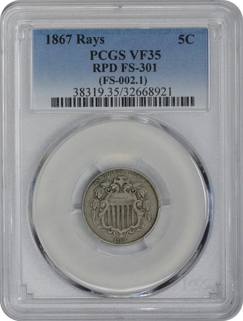 1867 Shield Nickel VF35 PCGS Philadelphia 5C Coin: 1867 Shield Nickel VF35 PCGS Philadelphia 5C Coin This 1867 Shield Nickel features a classic design by James Barton Longacre, showcasing the unique attributes of the era. Certified by PCGS at a grade 