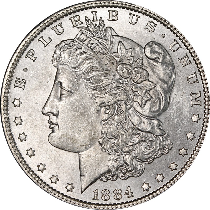 1884 P Morgan Dollar VAM 2A E Reverse: 1884 P Morgan Dollar VAM 2A E Reverse This is a circulated 1884-P Morgan Silver Dollar featuring the VAM 2A variety, distinguished by the 'E' on the reverse. Composed of 90% silver, this coin originat