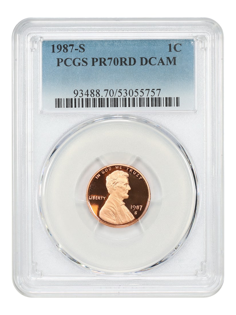 1987-S Lincoln Cent PCGS PR70RD DCAM: 1987-S Lincoln Cent PCGS PR70RD DCAM This is a 1987 Lincoln Cent with a denomination of 1 cent, minted in San Francisco. The coin is uncirculated and has been professionally graded and certified by PC