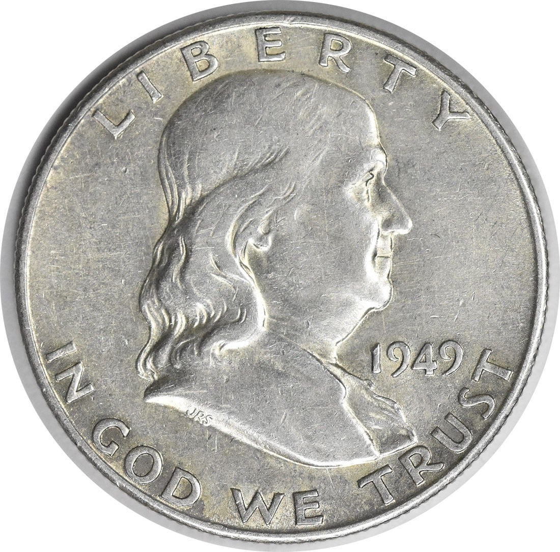 1949 San Francisco Franklin 50C Silver Half Dollar AU Grade Uncertified: 1949 San Francisco Franklin 50C Silver Half Dollar AU Grade Uncertified This 1949-S Franklin Half Dollar is an attractive collectible coin struck at the San Francisco Mint. Composed of 90% silver and 