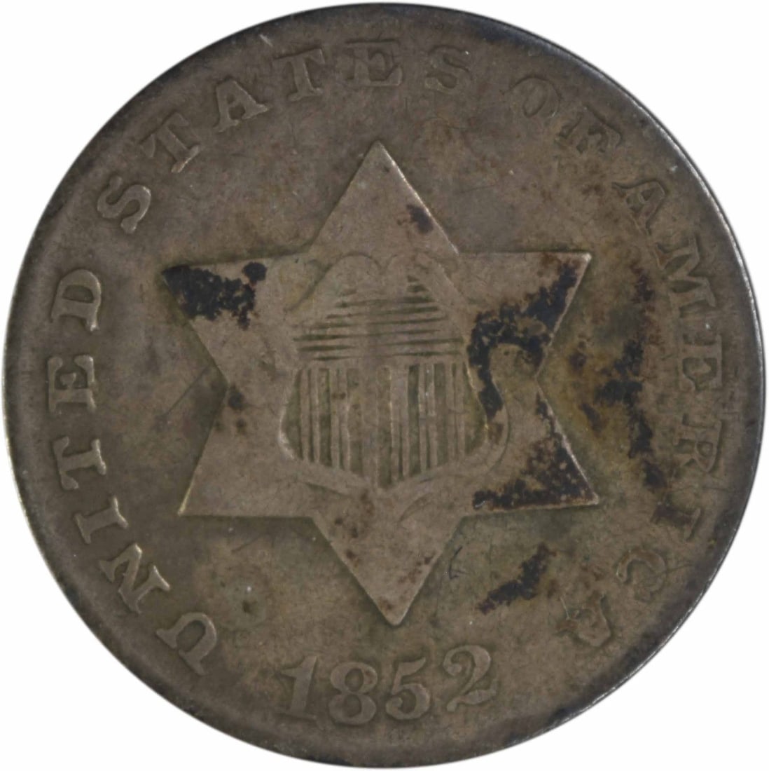 1852 Philadelphia Three Cent Silver Coin VG Uncertified: 1852 Philadelphia Three Cent Silver Coin VG Uncertified This 1852 Three Cent Silver coin from the United States is composed of 75% silver and 25% copper. Designed by James Barton Longacre, it was mint