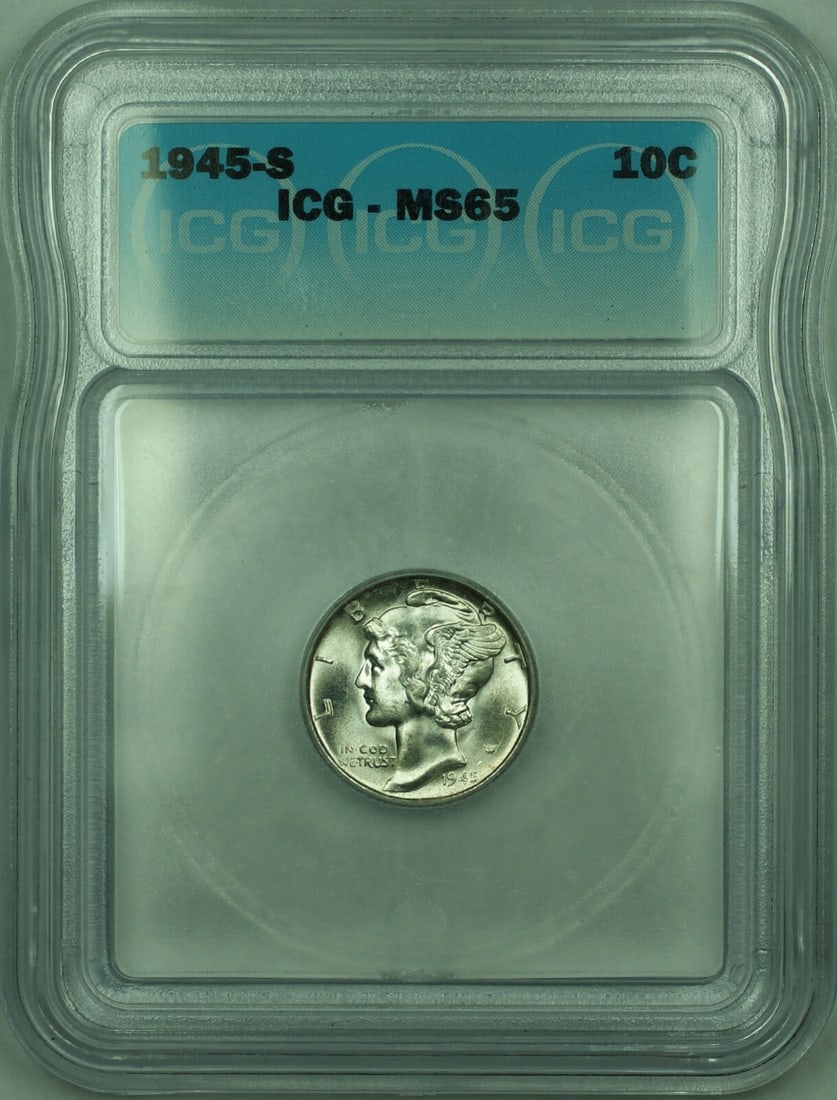 ICG MS-65 1945-S San Francisco Mercury Silver 10 Cent Coin: ICG MS-65 1945-S San Francisco Mercury Silver 10 Cent Coin This is a 1945-S Mercury Silver Dime from the United States, certified by ICG with a grade of MS-65. The coin is uncirculated and composed of