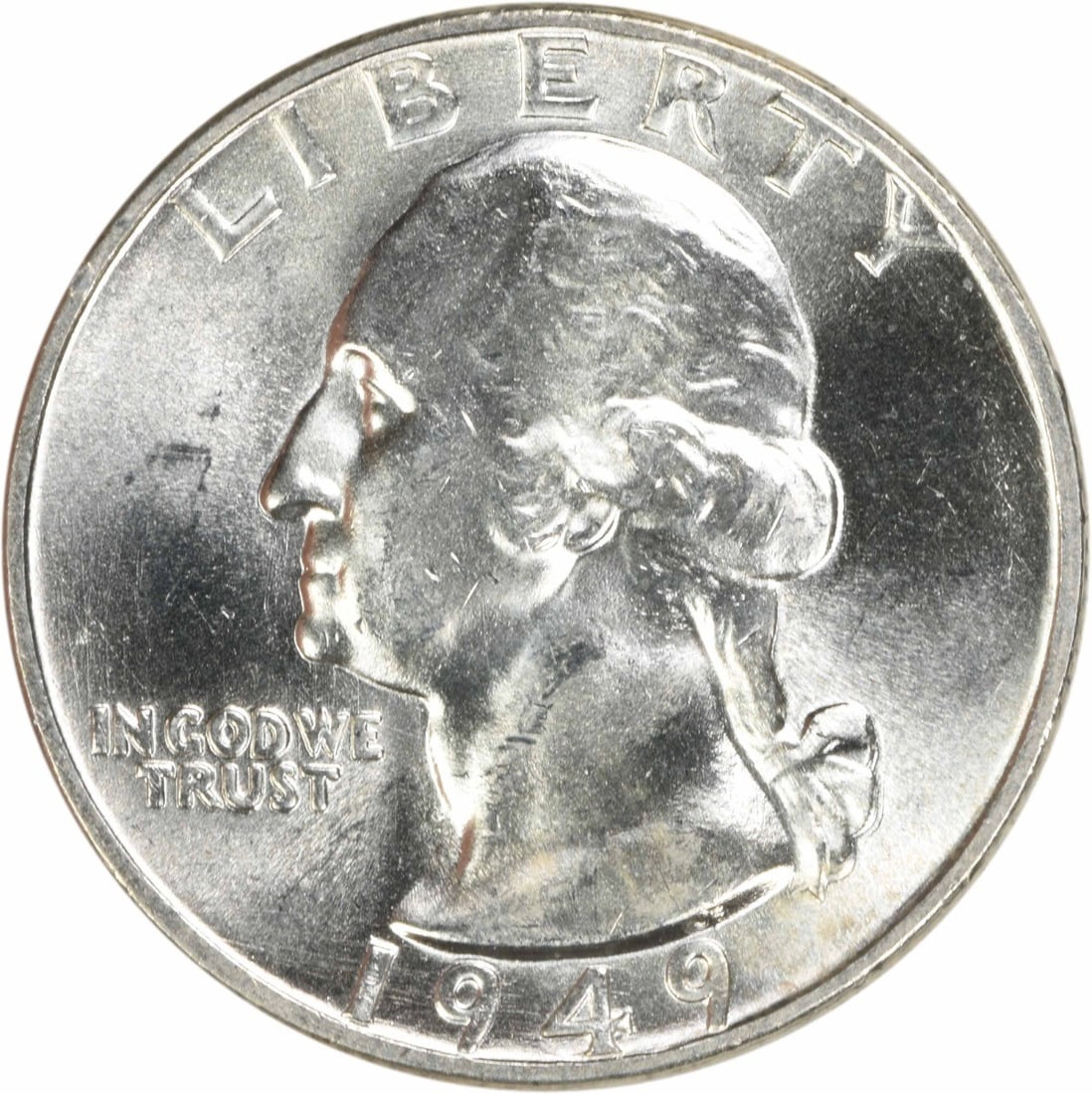 1949 Silver Washington Quarter Choice BU+ Uncertified: 1949 Silver Washington Quarter Choice BU+ Uncertified This 1949 Washington Silver Quarter is an uncirculated coin in Choice BU+ condition. Composed of silver, it features the classic Washington design