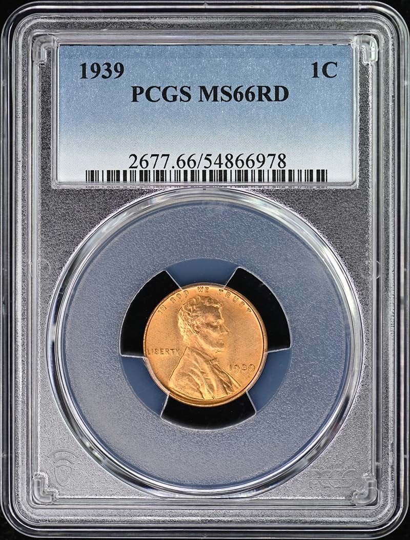 1939 Lincoln Cent Type 1 Wheat Reverse PCGS MS66RD: 1939 Lincoln Cent Type 1 Wheat Reverse PCGS MS66RD This 1939 Lincoln Cent features a Type 1 Wheat Reverse and has been graded as MS66RD by PCGS, indicating an uncirculated condition. Minted in Philade