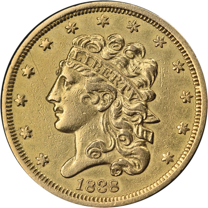 1838 P Classic Head $5 Gold Coin No Motto AU Details (1 of 2)