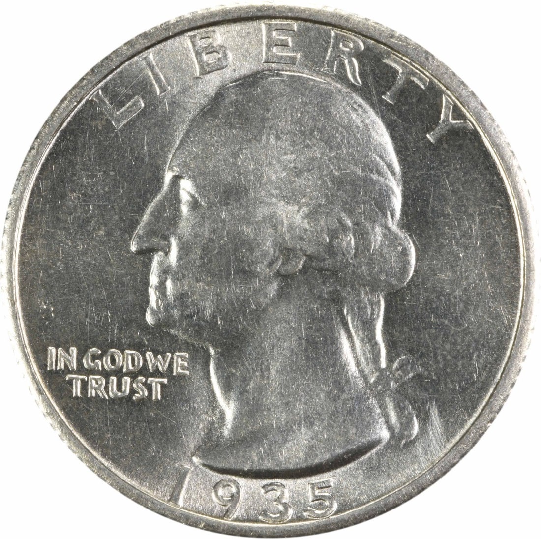 1935-S Washington 25C Silver Quarter Choice BU: 1935-S Washington 25C Silver Quarter Choice BU This 1935-S Washington Silver Quarter is a Choice Brilliant Uncirculated example. Struck in silver, this coin remains uncertified and is in pre-owned con