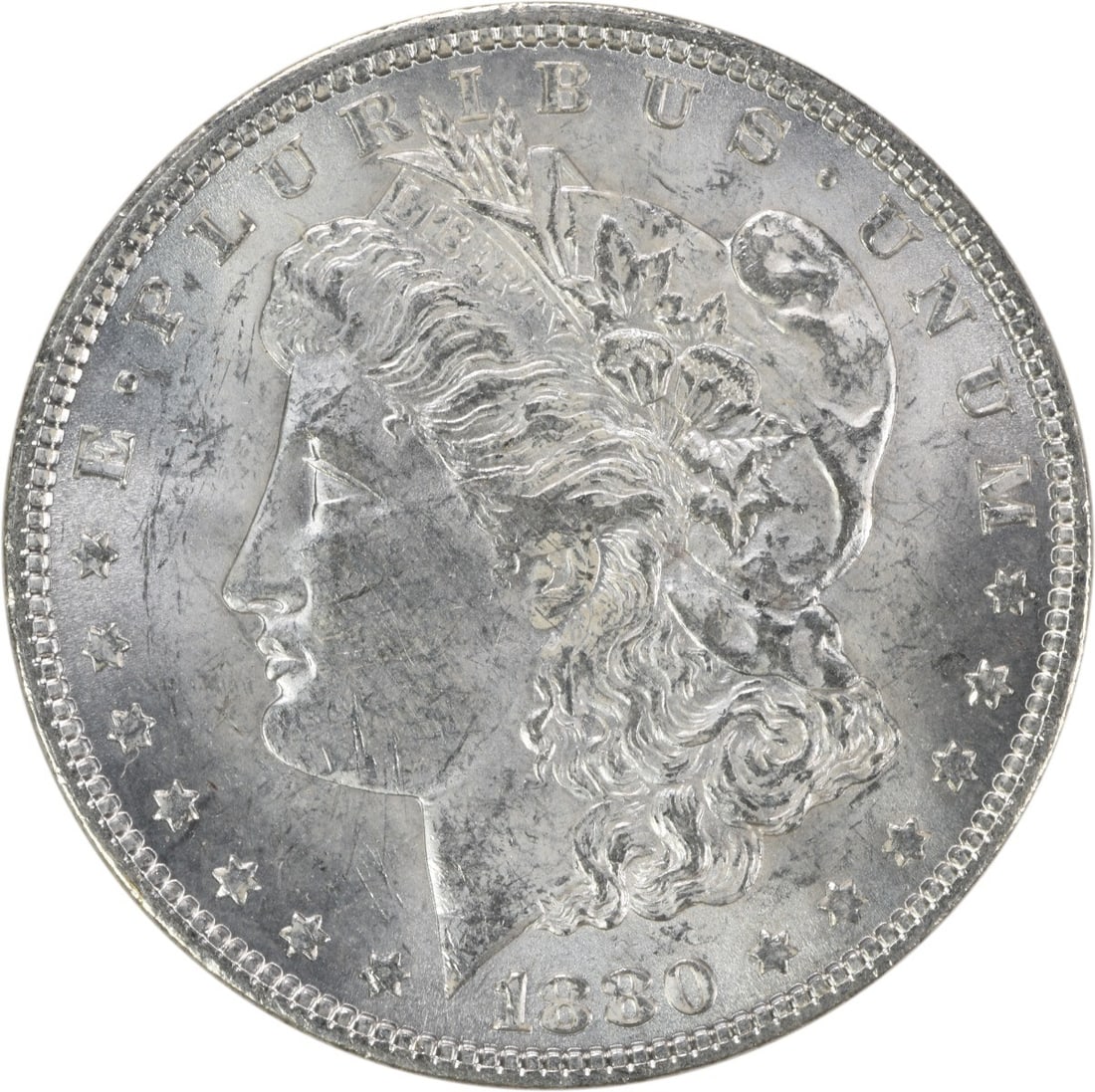 1880 Silver Morgan Dollar Brilliant Uncirculated Uncertified No Mint Mark: 1880 Silver Morgan Dollar Brilliant Uncirculated Uncertified No Mint Mark This 1880 Morgan Silver Dollar is an uncirculated, pre-owned coin from the United States. It is composed of silver and feature