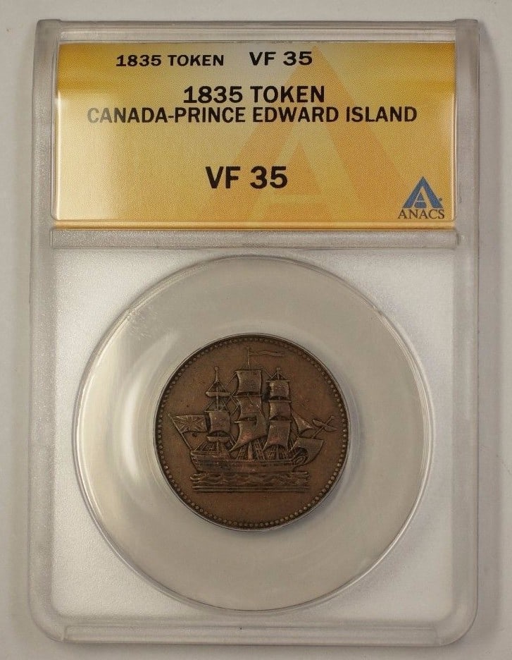 ANACS Certified 1835 Prince Edward Island Canadian Token VF 35: ANACS Certified 1835 Prince Edward Island Canadian Token VF 35 This 1835 Prince Edward Island token from Canada is certified by ANACS with a grade of VF-35, indicating it is in Very Fine circulated co