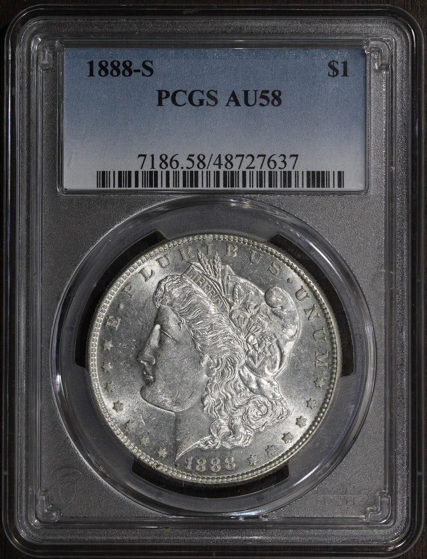 PCGS Morgan Silver Dollar 1888-S AU58 San Francisco Mint: PCGS Morgan Silver Dollar 1888-S AU58 San Francisco Mint This is an 1888 Morgan Silver Dollar graded AU58. Minted in San Francisco, this coin is composed of 90% silver and represents a classic piece o