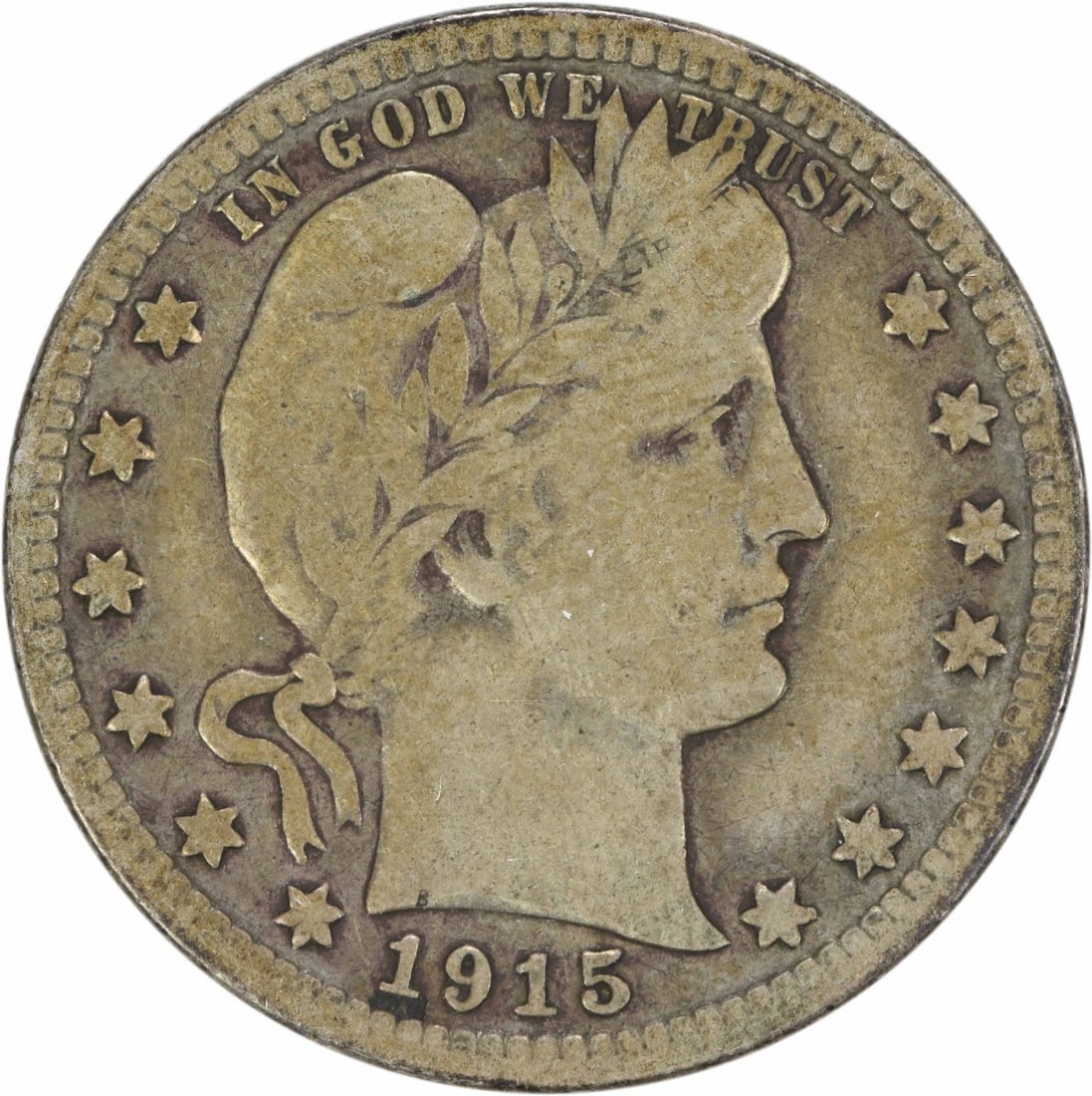 1915-S Barber Silver Quarter 25C Choice VG Uncertified: 1915-S Barber Silver Quarter 25C Choice VG Uncertified This 1915-S Barber Silver Quarter, a remarkable piece of U.S. numismatic history, features a design by Charles E. Barber. It has a grade of Very 