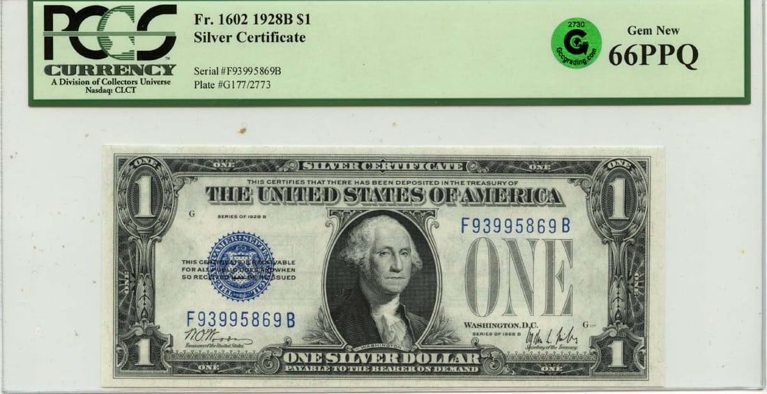 1928B One Dollar Silver Certificate PCGS Gem66 PPQ Fr1602: 1928B One Dollar Silver Certificate PCGS Gem66 PPQ Fr1602 This is a 1928B $1 Silver Certificate from the United States, graded MS66 by PCGS Currency. The note is uncirculated and features the Fr#1602 