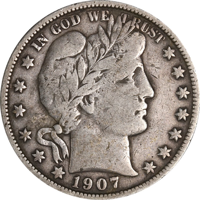 1907 O Silver Barber Half Dollar: 1907 O Silver Barber Half Dollar This 1907-O Barber Half Dollar is a circulated coin from the United States. Minted in 1907, it is composed of 90% silver and features the 'O' mint mark. The coin is un