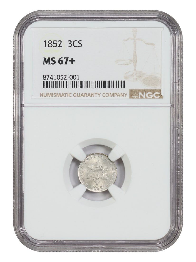 1852 Three Cent Silver NGC MS67+ 3CS: 1852 Three Cent Silver NGC MS67+ 3CS This 1852 Three Cent Silver coin is certified by NGC with a grade of MS67+, indicating a superior uncirculated example. Struck in Philadelphia, it features bold lu