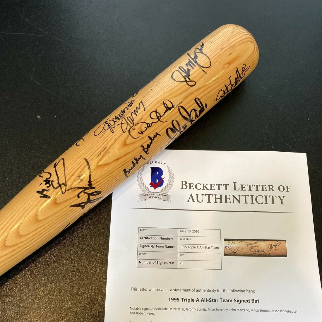 Derek Jeter 1995 All Star Game Team Signed Bat with Beckett Auth: Derek Jeter 1995 All Star Game Team Signed Bat with Beckett Auth This Louisville Slugger C243 baseball bat features a collection of 20 signatures from notable players, including Hall of Famer Derek Je