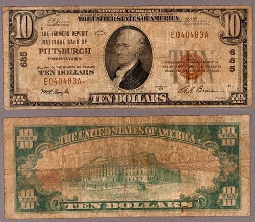 1929 Pittsburgh Farmers Deposit National Bank $10 Note Charter 685 (1 of 1)