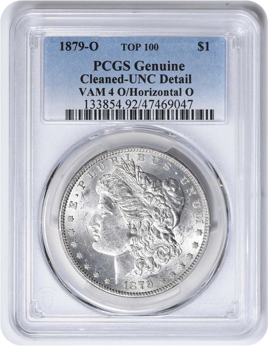 1879-O Morgan Silver Dollar VAM 4 Genuine PCGS O Horiz Mint Mark: 1879-O Morgan Silver Dollar VAM 4 Genuine PCGS O Horiz Mint Mark This 1879-O VAM 4 Morgan Silver Dollar features a stunning design by George T. Morgan, showcasing the classic elements of this iconic c