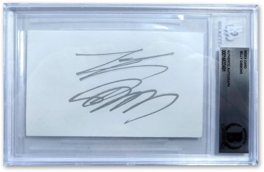 Billy Gibbons Autographed 3X5 Index Card ZZ Top Beckett Authenticated: Billy Gibbons Autographed 3X5 Index Card ZZ Top Beckett Authenticated This is an authentic 3X5 index card signed by Billy Gibbons, the legendary guitarist of ZZ Top. The autograph is encapsulated for 