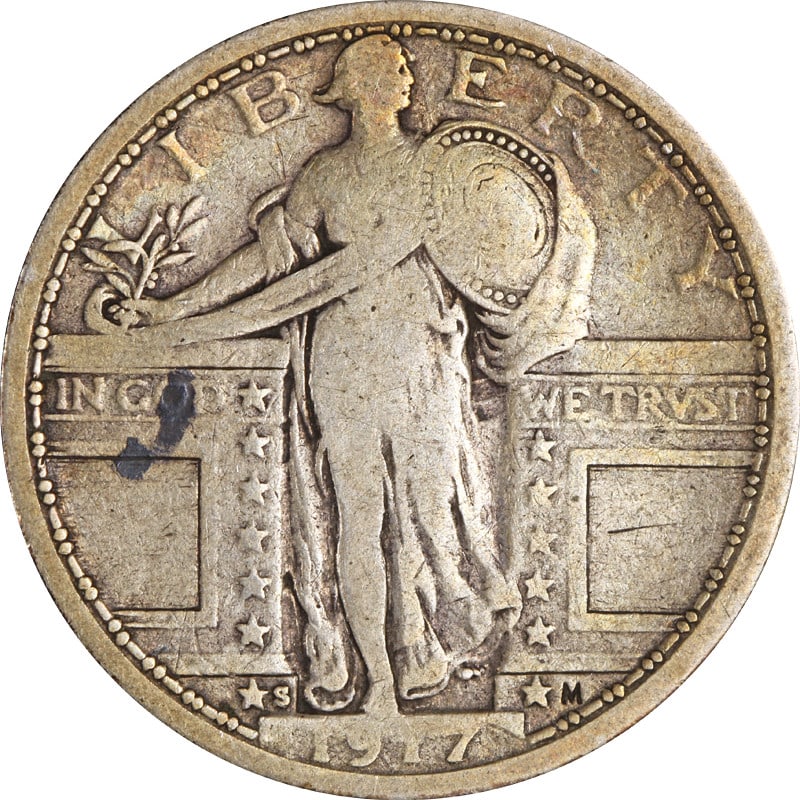 San Francisco Mint 1917 Silver Standing Liberty Type 1 Quarter: San Francisco Mint 1917 Silver Standing Liberty Type 1 Quarter This is a 1917-S Type 1 Standing Liberty Quarter, minted in San Francisco. The coin is composed of silver and has been circulated. It ori