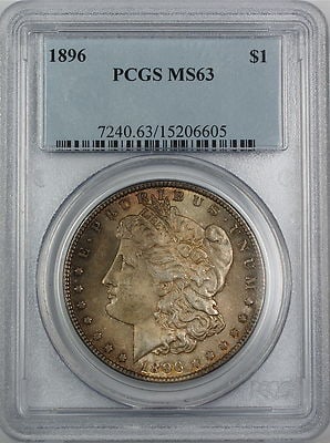 PCGS MS-63 1896 Morgan Silver Dollar with Toning: PCGS MS-63 1896 Morgan Silver Dollar with Toning This 1896 Morgan Silver Dollar is graded MS-63 by PCGS and features attractive toning on both the obverse and reverse. It is a pre-owned coin, making i