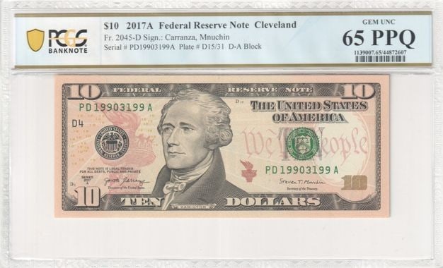 Cleveland 2017A $10 Federal Reserve Note PCGS GEM 65 PPQ: Cleveland 2017A $10 Federal Reserve Note PCGS GEM 65 PPQ This 2017A $10 Federal Reserve Note from Cleveland is certified by PCGS Banknote with a GEM 65 PPQ grade. The note is uncirculated and originat