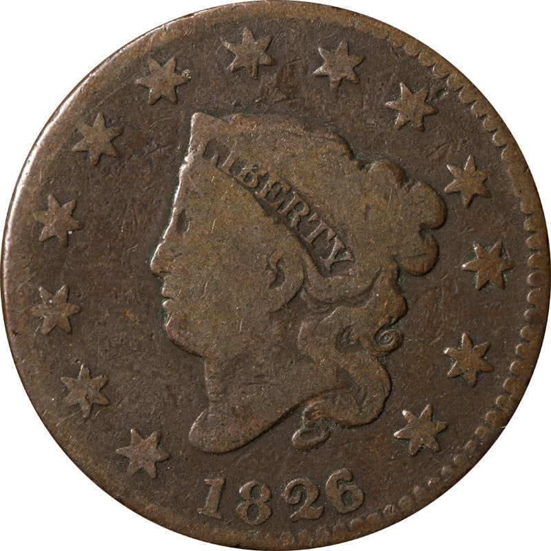 1826 United States Copper Large Cent Circulated Coin: 1826 United States Copper Large Cent Circulated Coin This is a circulated 1826 Large Cent from the United States, composed of copper with a fineness of 0.9. The coin is uncertified and is considered p
