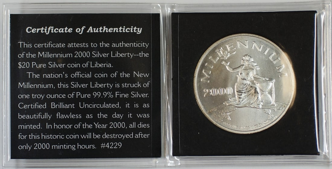 1 Troy Ounce 2000 Liberia Silver Millennium Coin with Certificate of Authenticity (1 of 4)
