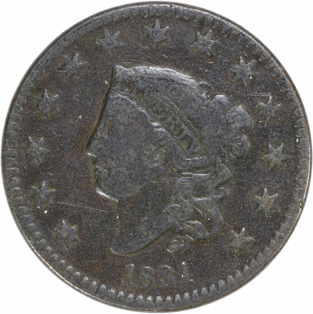 1831 Coronet Head Large Cent VG Uncertified Philadelphia Mint: 1831 Coronet Head Large Cent VG Uncertified Philadelphia Mint This 1831 Large Cent features the iconic Coronet Head design by Robert Scot, crafted from copper and showcasing a plain edge. The coin, mi