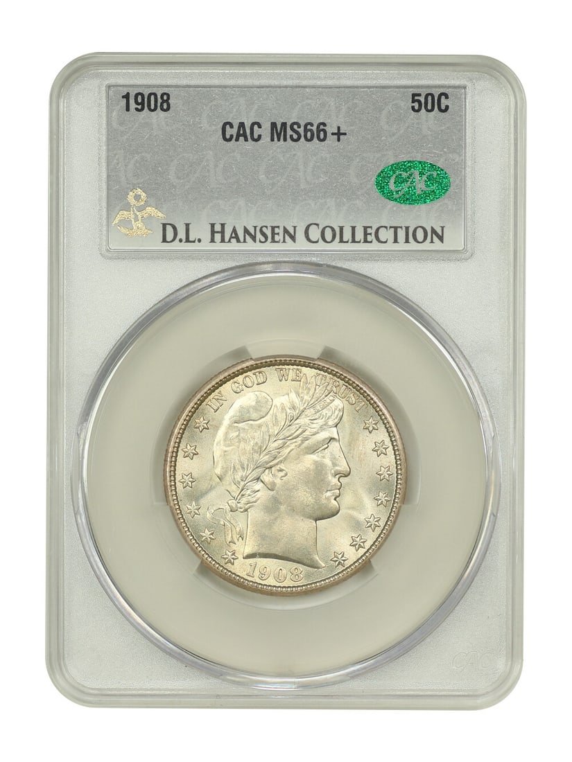 1908 CACG MS66+ Barber Half Dollar Ex D.L. Hansen: 1908 CACG MS66+ Barber Half Dollar Ex D.L. Hansen This 1908 Barber Half Dollar is an exquisite example of numismatic artistry, certified by CACG with a grade of MS66+. Its surfaces are nearly flawless