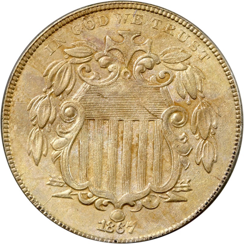 1867 United States Shield Nickel No Rays Circulated Coin: 1867 United States Shield Nickel No Rays Circulated Coin This 1867 Shield Nickel features the "No Rays" design and is composed of nickel. It originates from the United States and has been circulated. 