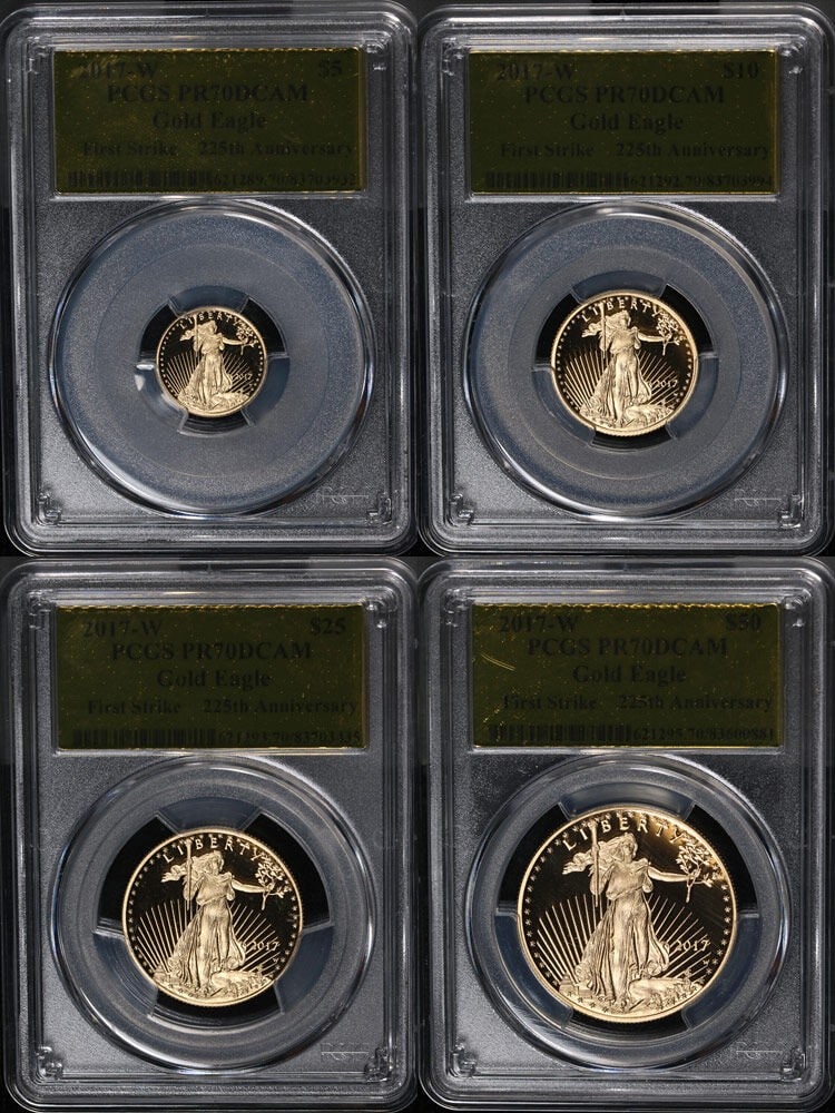 2017-W Gold Eagle Four Coin Proof Set PCGS PR70 DCAM First Gold Label: 2017-W Gold Eagle Four Coin Proof Set PCGS PR70 DCAM First Gold Label This 2017-W Gold American Eagle 4 Coin Proof Set is graded by PCGS as PR70 DCAM, indicating perfect condition. The set features co