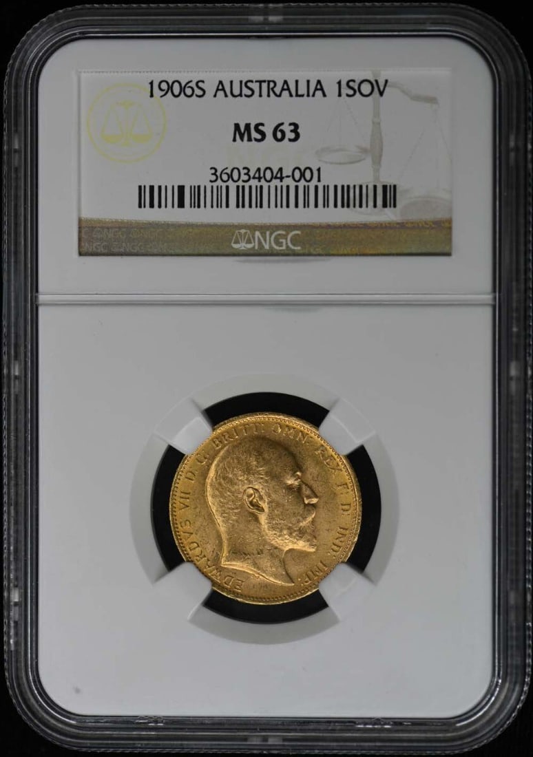 1906 Australia Gold Sovereign NGC MS63 Uncirculated Coin: 1906 Australia Gold Sovereign NGC MS63 Uncirculated Coin This stunning 1906 Australia Gold Sovereign is graded MS63 by NGC, indicating its uncirculated condition. A beautiful piece of history, it show