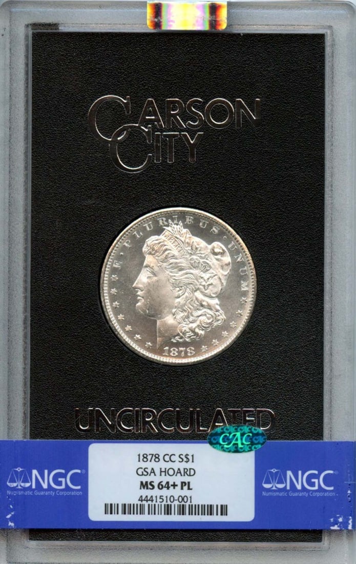 NGC MS64+PL 1878 Carson City Morgan Silver Dollar GSA Hoard With CAC: NGC MS64+PL 1878 Carson City Morgan Silver Dollar GSA Hoard With CAC This is an 1878-CC Morgan Silver Dollar from the GSA Hoard, certified by NGC with a grade of MS64+ Proof-Like and CAC approval. The