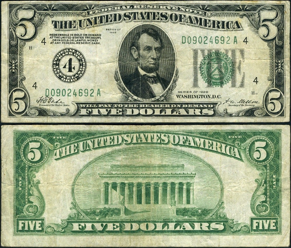1928 $5 Federal Reserve Note Cleveland D-A Block FR 1950 D VF: 1928 $5 Federal Reserve Note Cleveland D-A Block FR 1950 D VF This is a 1928 $5 Federal Reserve Note from Cleveland, D-A Block, featuring original paper quality, vibrant color, and strong eye appeal. 