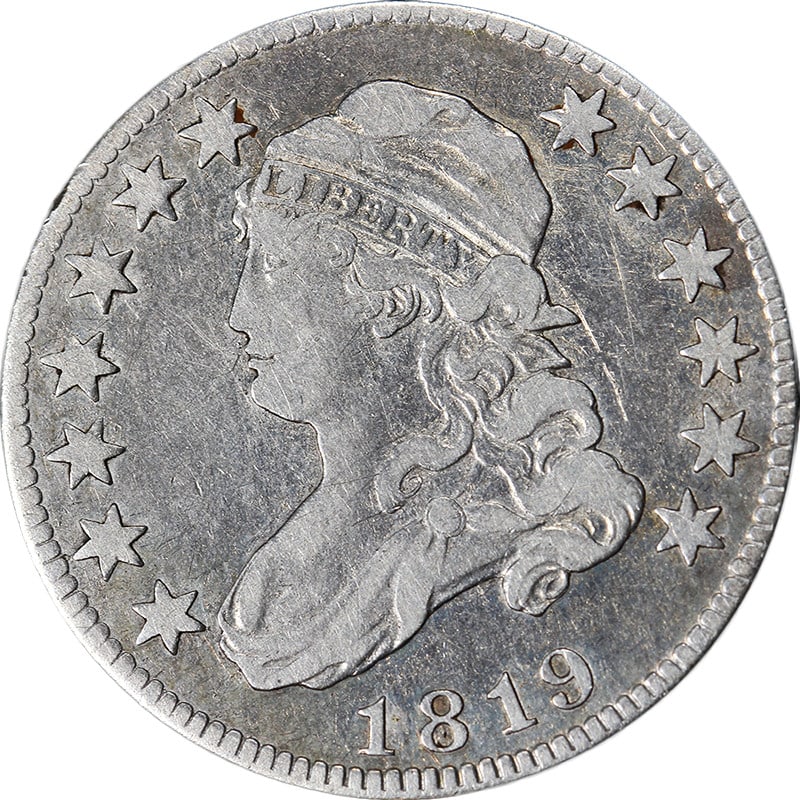 1819 Silver Bust Quarter Small 9 Choice VF XF: 1819 Silver Bust Quarter Small 9 Choice VF XF This 1819 Bust Quarter features the Small 9 variety and is graded Choice VF/XF. The coin is composed of silver and has circulated. It displays strong visu