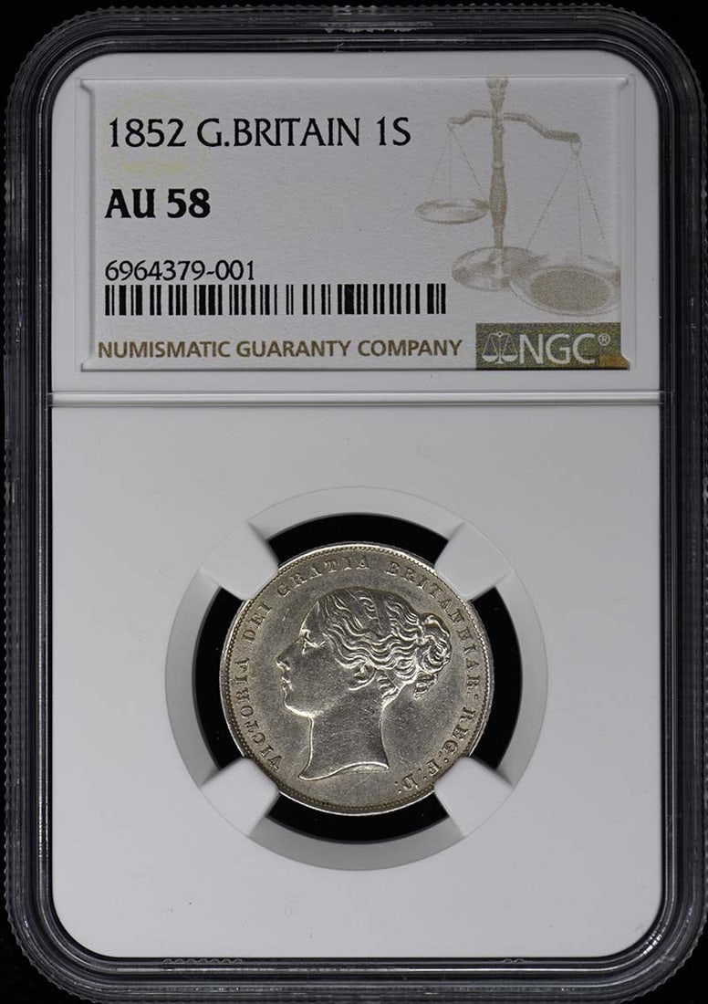 1852 United Kingdom 1 Shilling Coin NGC AU58 Certified: 1852 United Kingdom 1 Shilling Coin NGC AU58 Certified This 1852 Great Britain 1 Shilling coin has been certified by NGC with a grade of AU58, indicating it is a circulated example in excellent condit