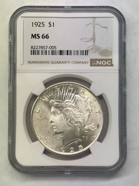 NGC MS-66 1925 Peace Silver Dollar: NGC MS-66 1925 Peace Silver Dollar This 1925 Peace Dollar is certified by NGC with a grade of MS 66. Composed of silver, this coin originates from the USA and is in pre-owned condition. It features a 