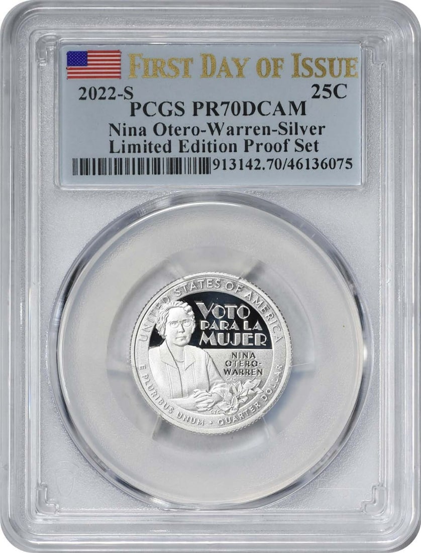 PCGS PR70DCAM 2022-S Nina Otero-Warren Silver Quarter: PCGS PR70DCAM 2022-S Nina Otero-Warren Silver Quarter This 2022 Nina Otero-Warren Washington Silver Quarter is a limited edition proof coin, graded PR70DCAM by PCGS. Struck in 99.9% silver at the San 