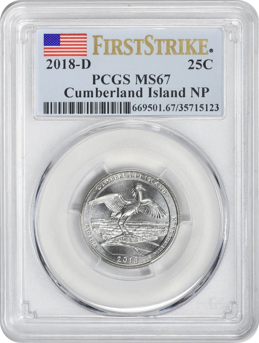 PCGS MS67 2018-D Cumberland Island America the Beautiful Quarter: PCGS MS67 2018-D Cumberland Island America the Beautiful Quarter This is a 2018-D Cumberland Island National Park quarter from the America the Beautiful series, graded MS67 by PCGS. The coin is uncirc