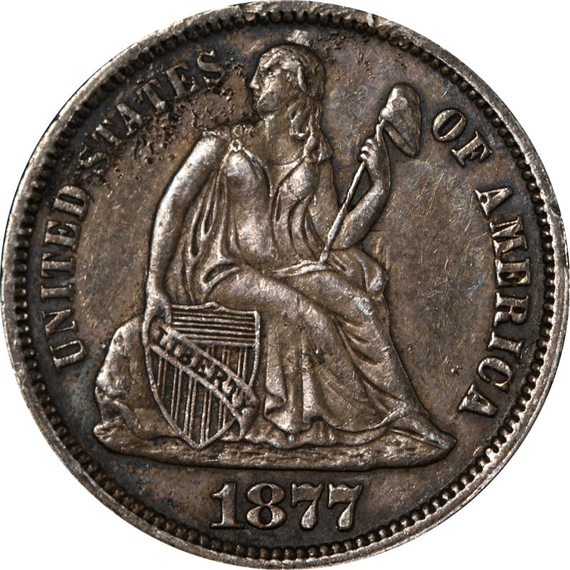 1877 Philadelphia Silver Seated Liberty Dime United States Coin: 1877 Philadelphia Silver Seated Liberty Dime United States Coin This is an 1877-P Seated Liberty Dime from the United States, composed of silver with a fineness of 0.9. The coin is circulated and unce