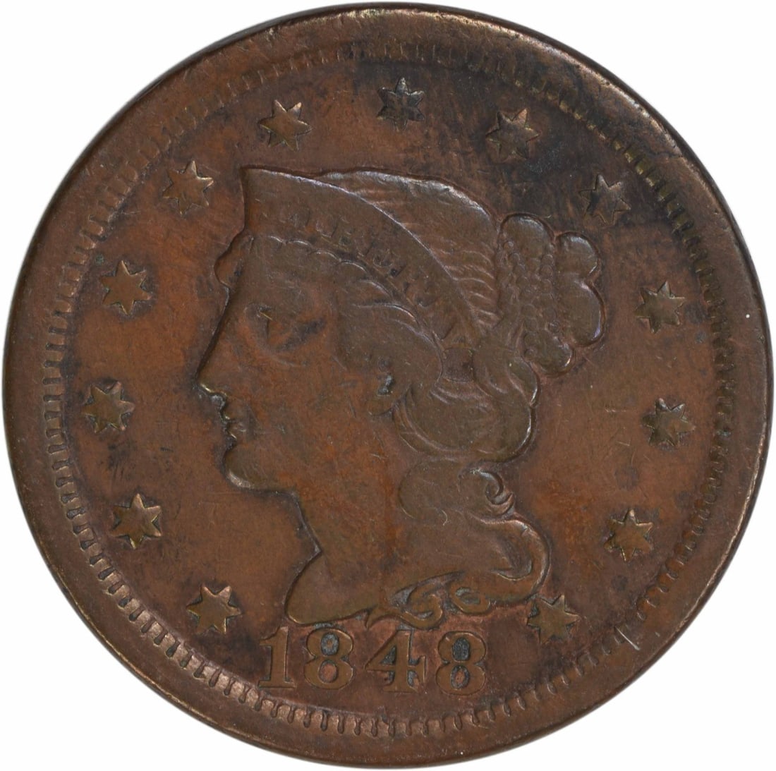 1848 VF Large Cent Braided Hair Copper Coin: 1848 VF Large Cent Braided Hair Copper Coin This 1848 Large Cent, featuring the Braided Hair design by Christian Gobrecht, is a notable addition for any coin collector. Struck in copper at the Philade